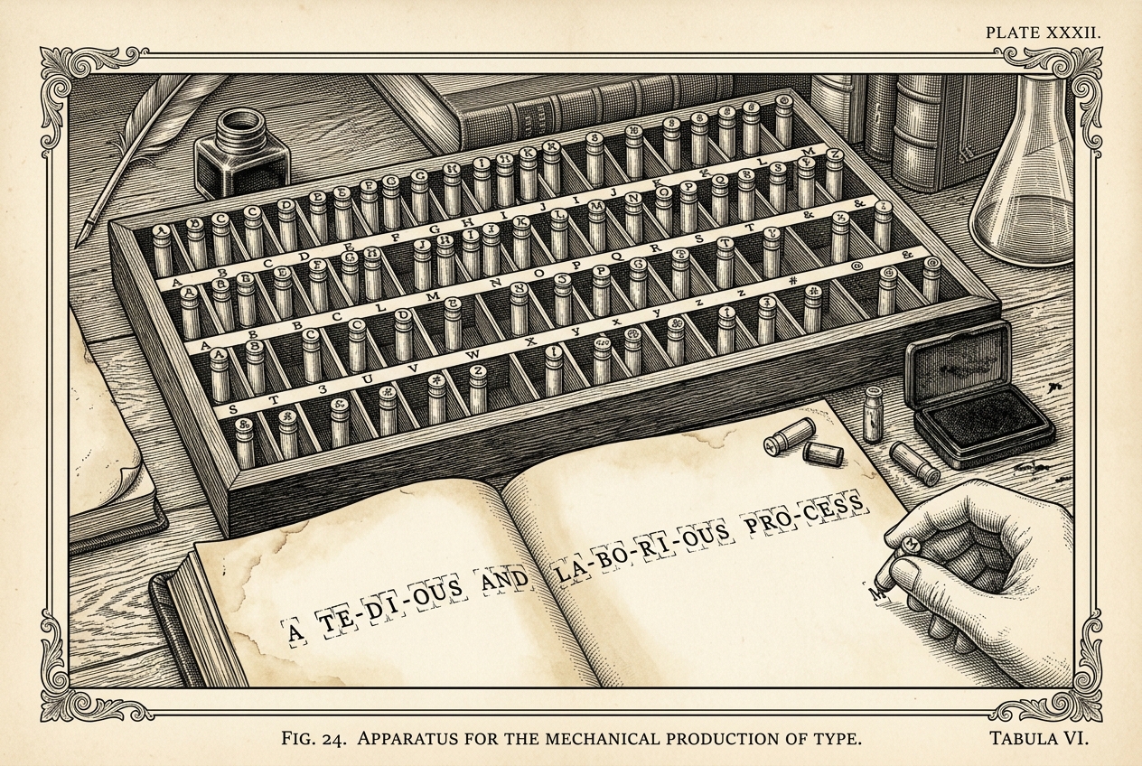 A compartmentalised tray of miniature character stamps being pressed letter by letter