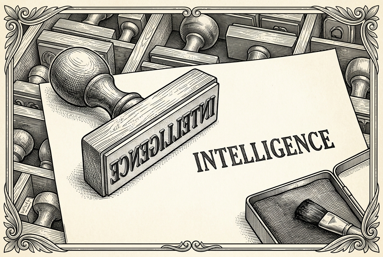 A large wooden rubber stamp printing the word INTELLIGENCE from an overflowing box of word stamps